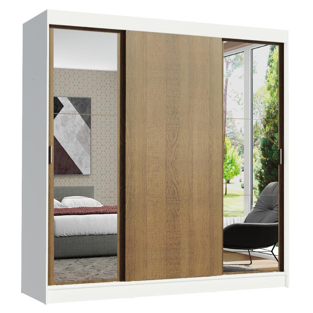 Madesa Reno Double Wardrobe 3 Sliding Doors with 2 Mirrors- White/Rust ...